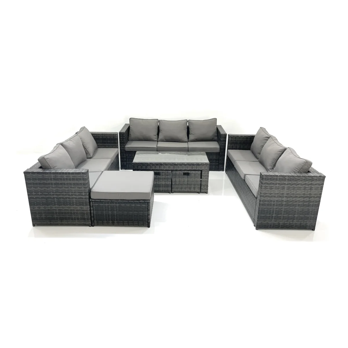 Fimous 7-Piece Outdoor Rattan Sofa Set with Coffee Table and Stools, Dark Grey - Dark Grey Mixed – image 1