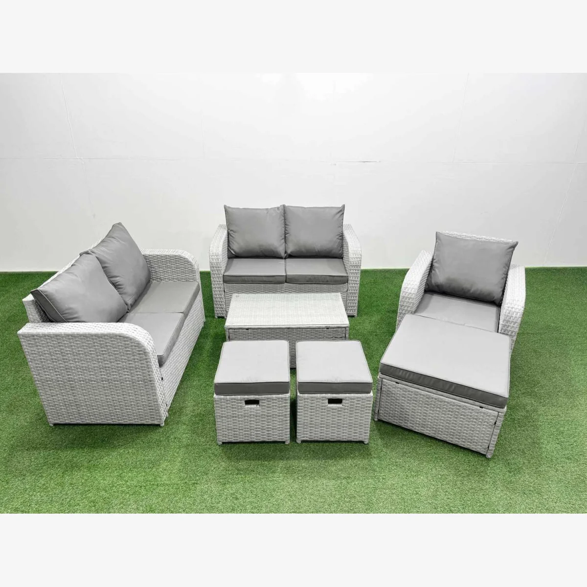 Fimous High Back PE Rattan Outdoor Sofa Set with Recliners, Loveseat & Table - Light Grey – image 1