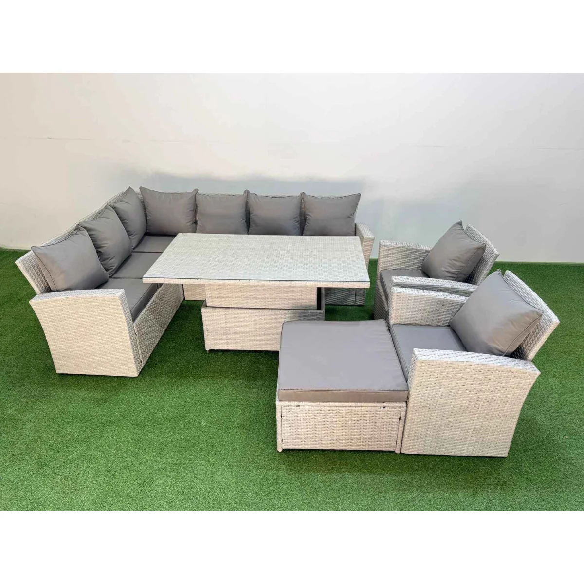 Fimous 9 Seat Rattan Outdoor Garden Corner Sofa Set with Lift Table Light Grey - Light Grey Mixed rattan with dark grey fabric – image 5
