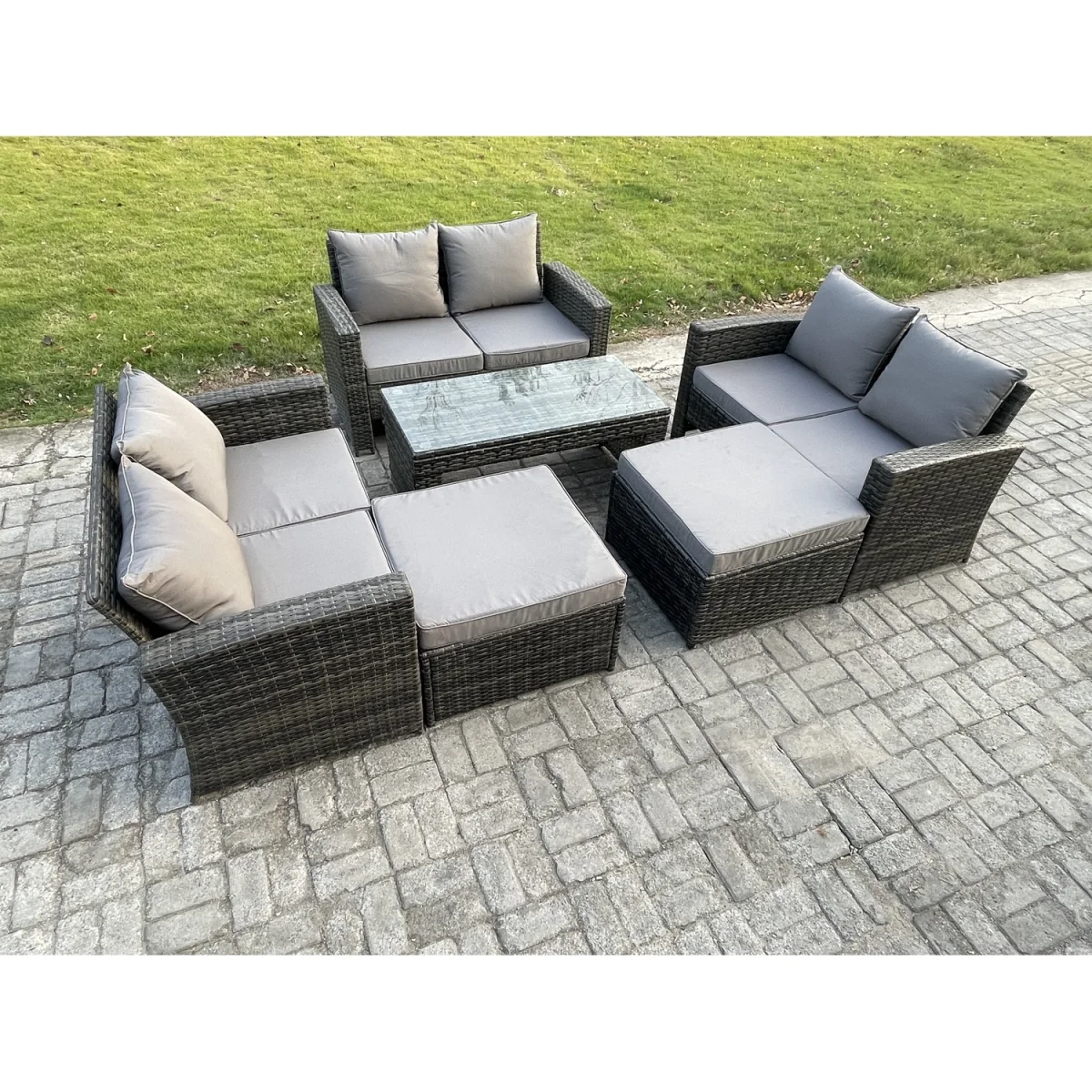 Fimous 8-Seater High Back Rattan Garden Sofa Set with Rectangular Coffee Table, Dark Grey Mixed. - Dark grey mixed rattan with dark grey fabric – image 5