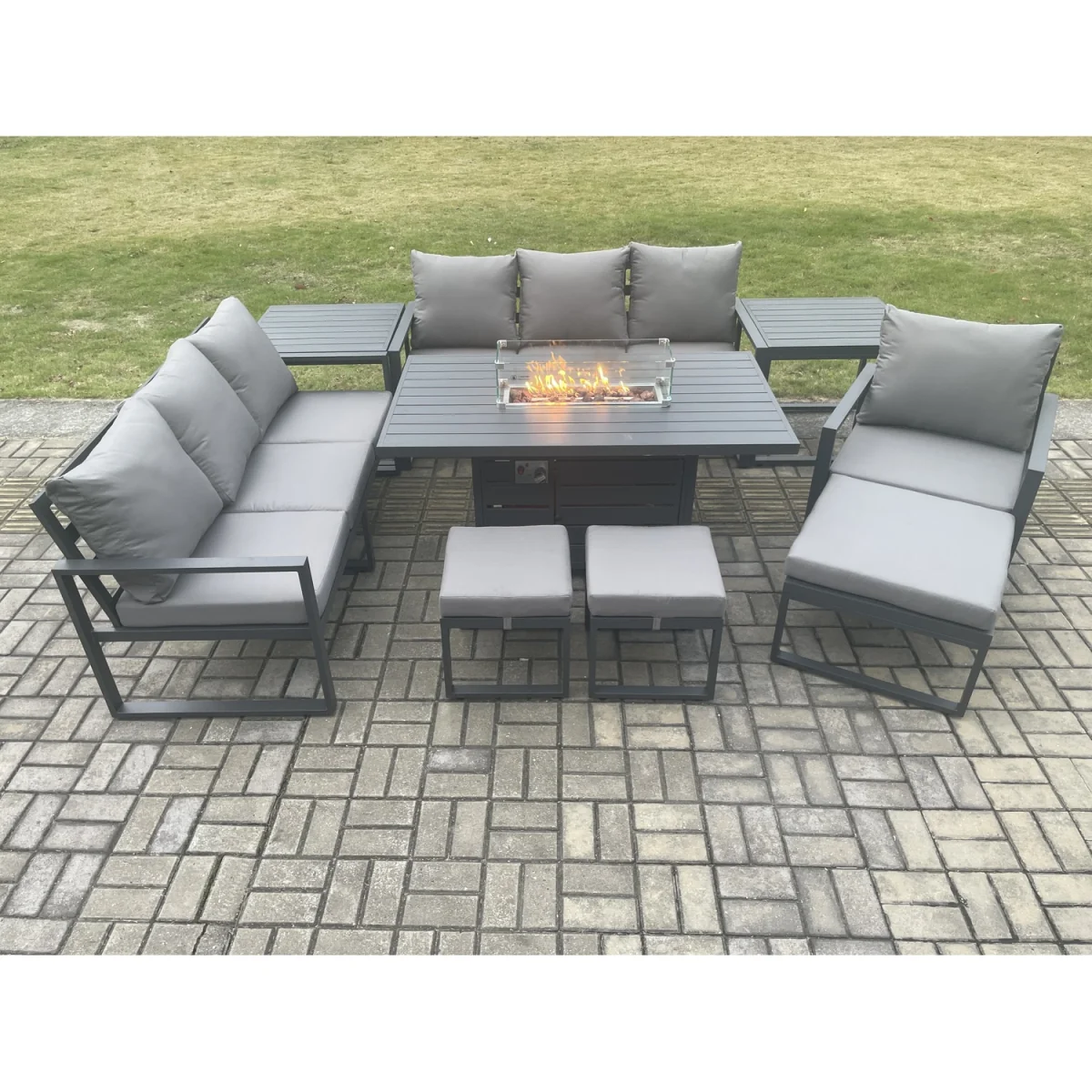 Fimous 9-Piece Aluminium Garden Sofa Set with Cushions & Gas Fire Pit Dining Table, Dark Grey. - Dark Grey – image 5