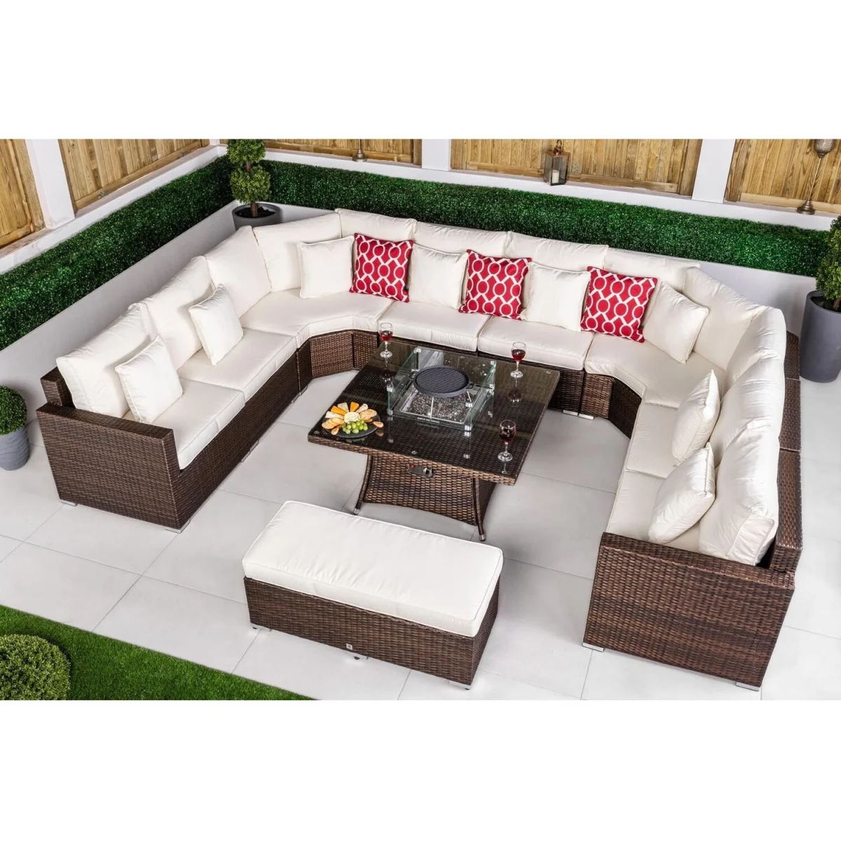Santorini Modular Rattan Garden Sofa Set with Fire Pit Table & Bench - Brown – image 2