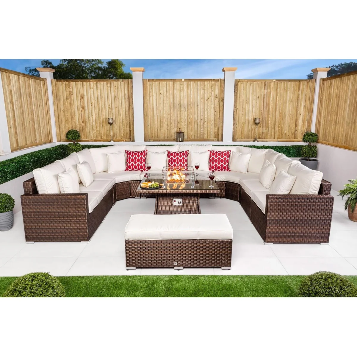 Santorini Modular Rattan Garden Sofa Set with Fire Pit Table & Bench - Brown – image 3