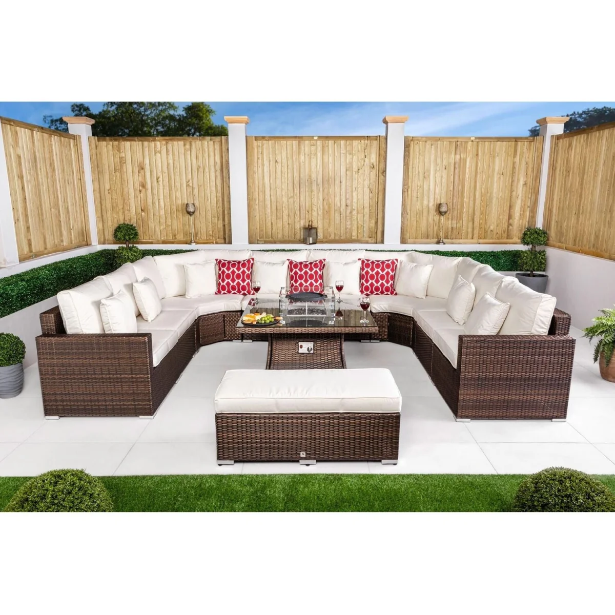 Santorini Modular Rattan Garden Sofa Set with Fire Pit Table & Bench - Brown – image 4