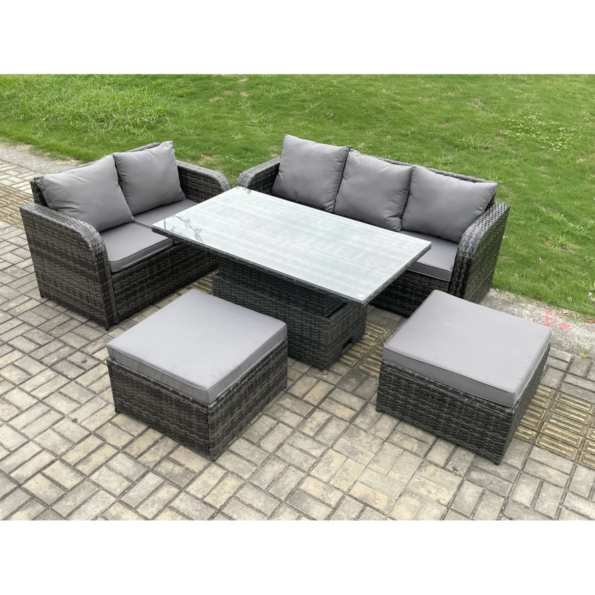 Fimous 7-Seater Outdoor Rattan Sofa Set with Lift Dining Table Dark Grey - Dark Grey – image 3
