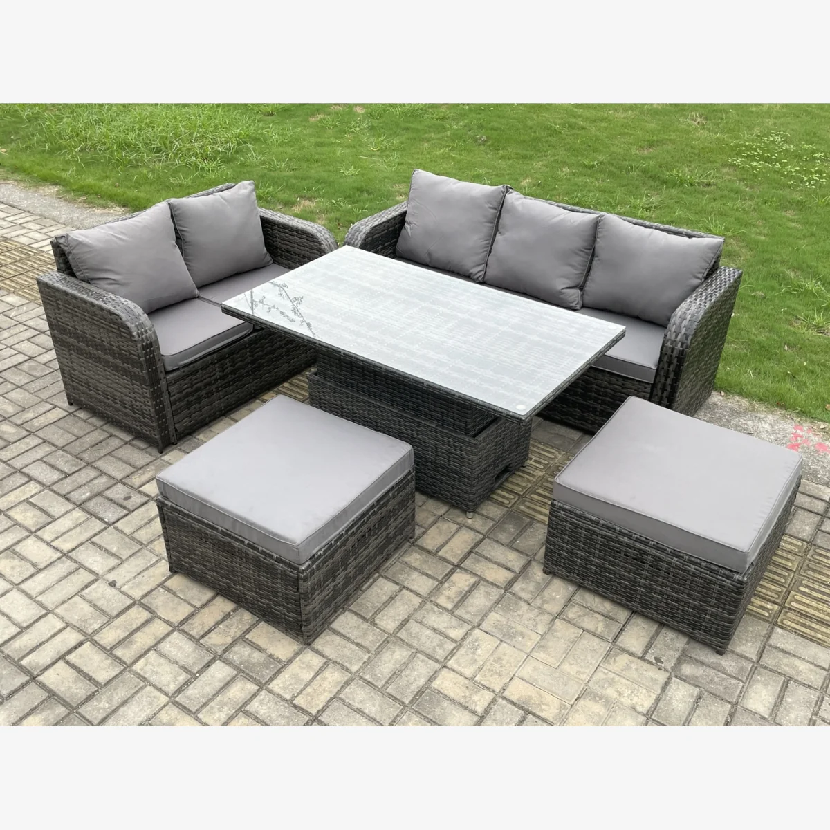 Fimous 7-Seater Outdoor Rattan Sofa Set with Lift Dining Table Dark Grey - Dark Grey – image 1