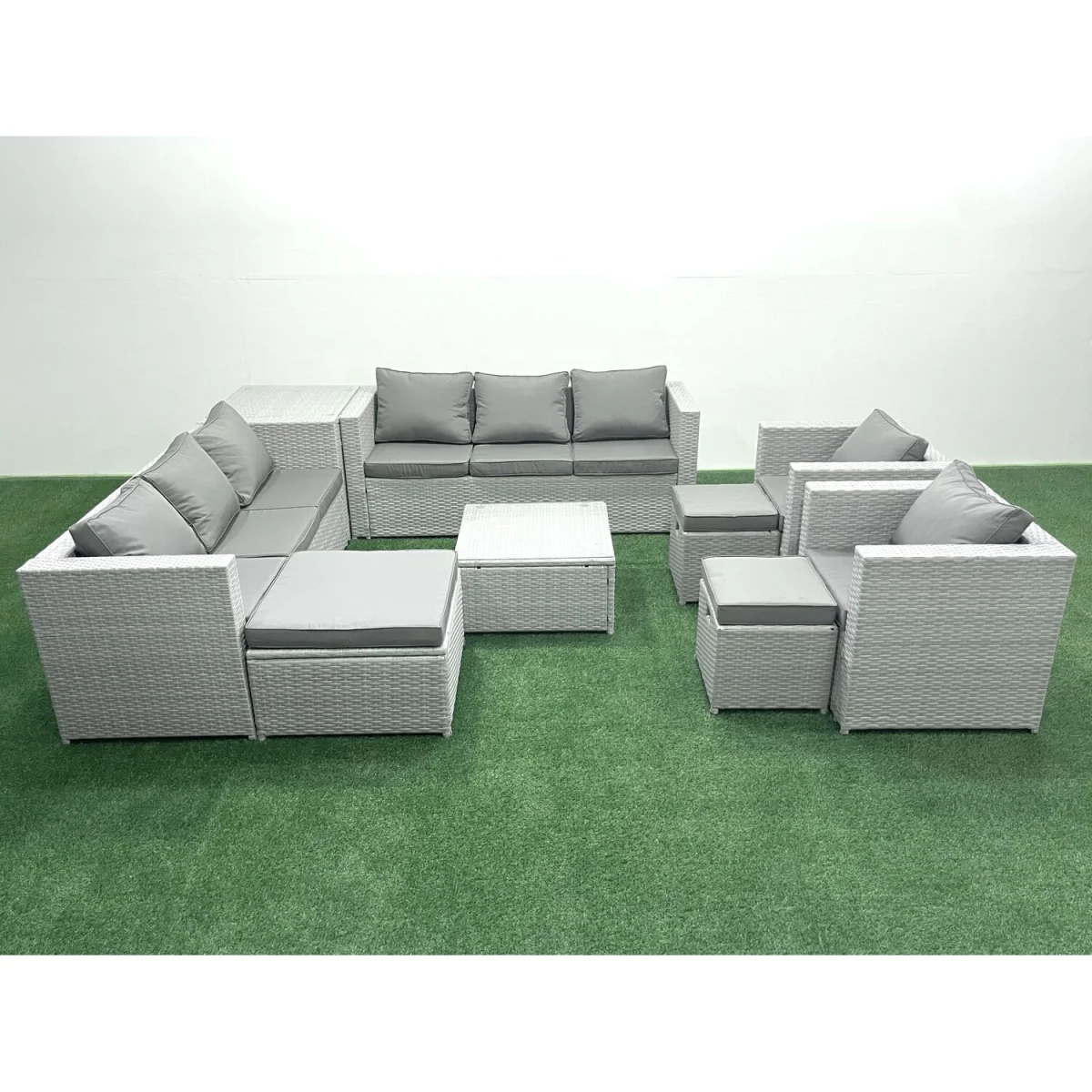 Fimous Outdoor Rattan Garden Sofa Set with Coffee Tables and Stools, Light Grey Mixed, Seats 11. - Light Grey Mixed – image 3