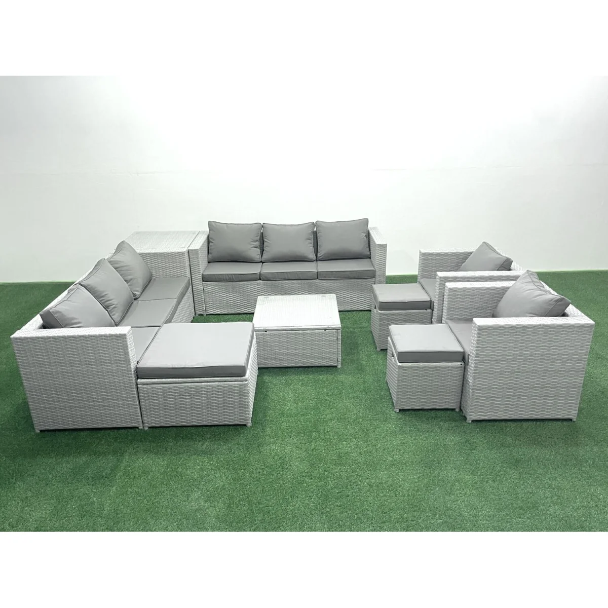 Fimous Outdoor Rattan Garden Sofa Set with Coffee Tables and Stools, Light Grey Mixed, Seats 11. - Light Grey Mixed – image 1