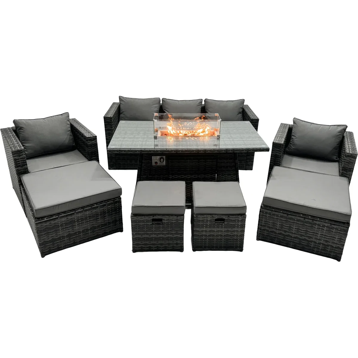 Fimous Rattan 9-Seater Garden Firepit Dining Sofa Set - Dark grey mixed rattan with dark grey fabric – image 3