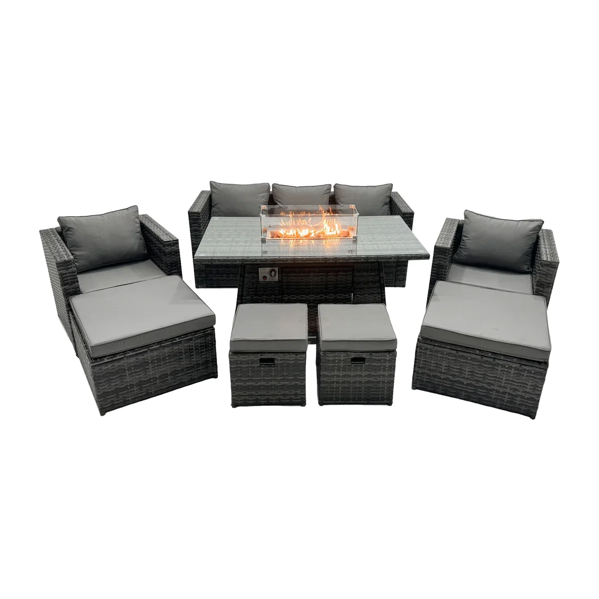 Fimous Rattan 9-Seater Garden Firepit Dining Sofa Set - Dark grey mixed rattan with dark grey fabric – image 1