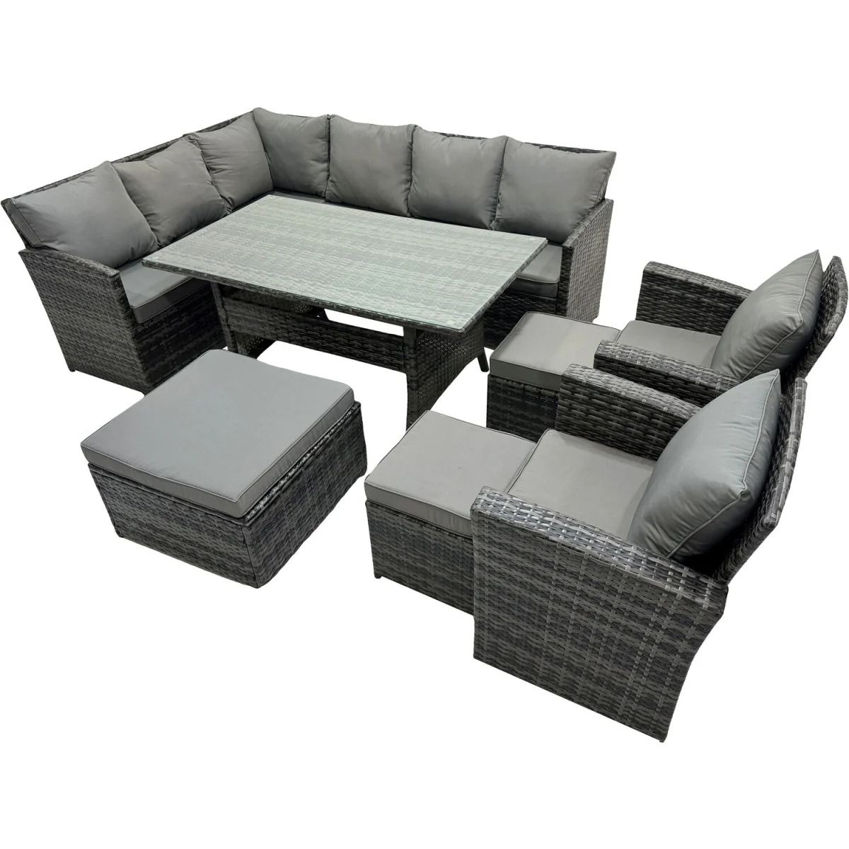 Fimous 11-Seat Poly Rattan Outdoor Corner Sofa Set with Dining Table and Stools. - Dark Grey Mixed – image 5