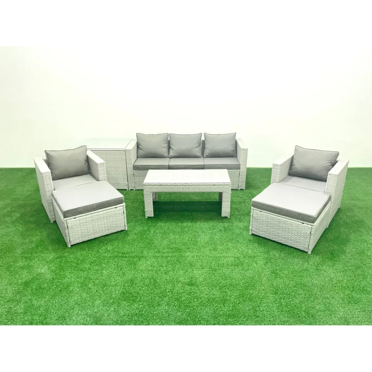 Fimous 7-Seater Outdoor Rattan Garden Sofa Set with 2 Chairs, 2 Stools and Oblong Coffee Table. - Light Grey Mixed – image 5