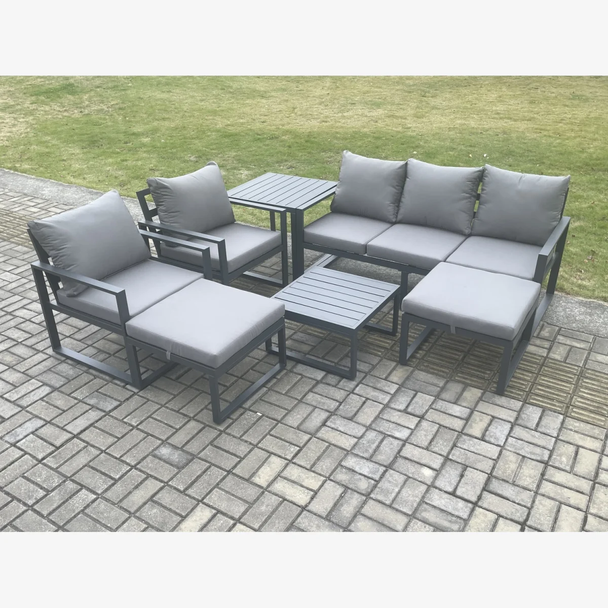 Fimous Aluminium Outdoor Lounge Sofa Set 7-Seater Dark Grey. - Dark grey powder coated with dark grey fabric – image 1