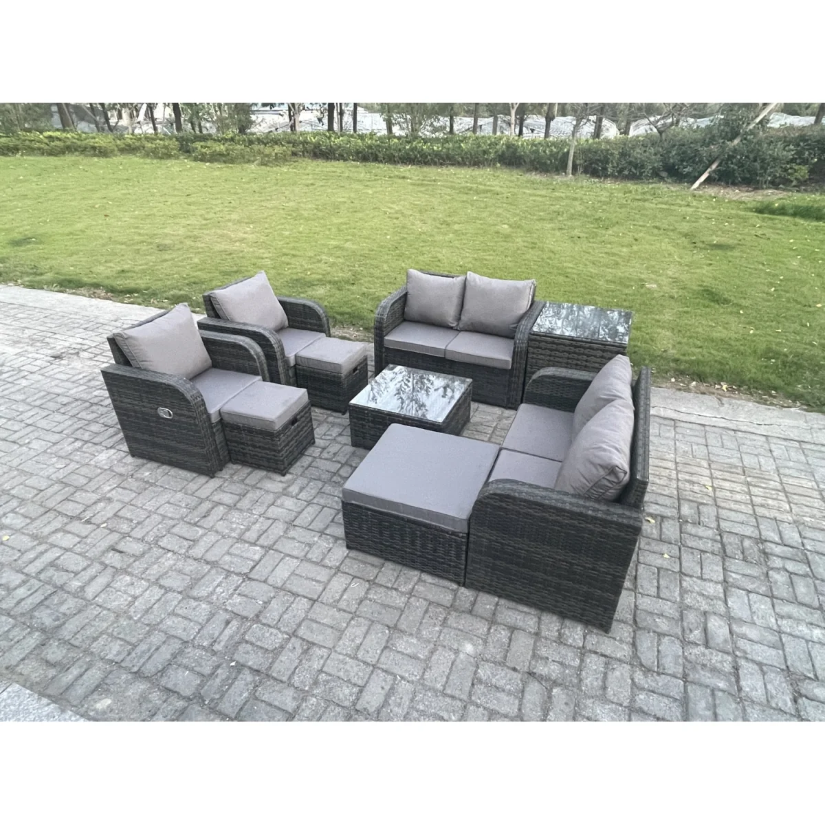 Fimous 9-Seater Rattan Outdoor Lounge Sofa Set with Tempered Glass Tables. - Dark grey mixed rattan with dark grey fabric – image 5