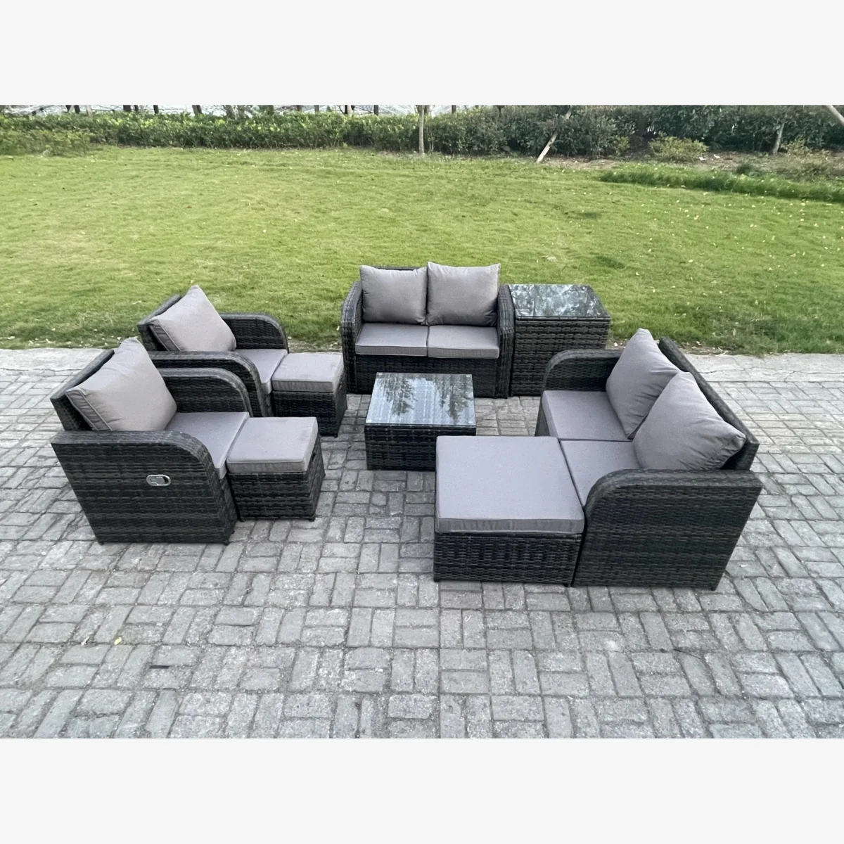 Fimous 9-Seater Rattan Outdoor Lounge Sofa Set with Tempered Glass Tables. - Dark grey mixed rattan with dark grey fabric – image 1