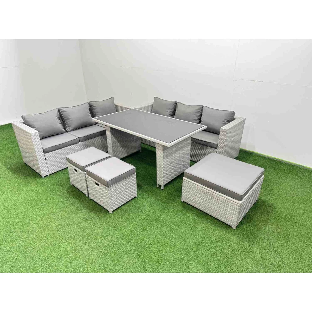 Fimous Rattan Garden Furniture 9-Seater Dining and Sofa Set with Tempered Glass Table, Light Grey. - Light Grey – image 2