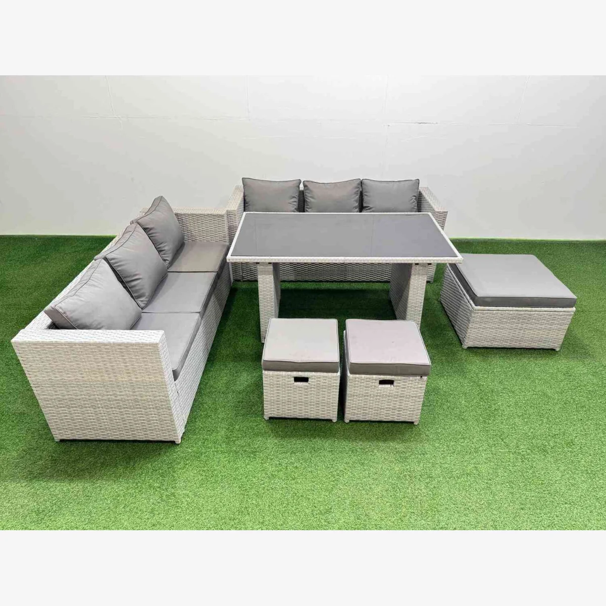 Fimous Rattan Garden Furniture 9-Seater Dining and Sofa Set with Tempered Glass Table, Light Grey. - Light Grey – image 1