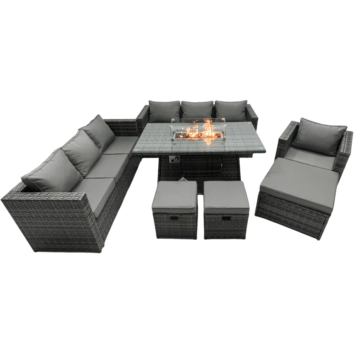 Fimous 10-Seater Rattan Firepit Dining Sofa Set Dark Grey - Dark grey mixed rattan with dark grey fabric – image 3