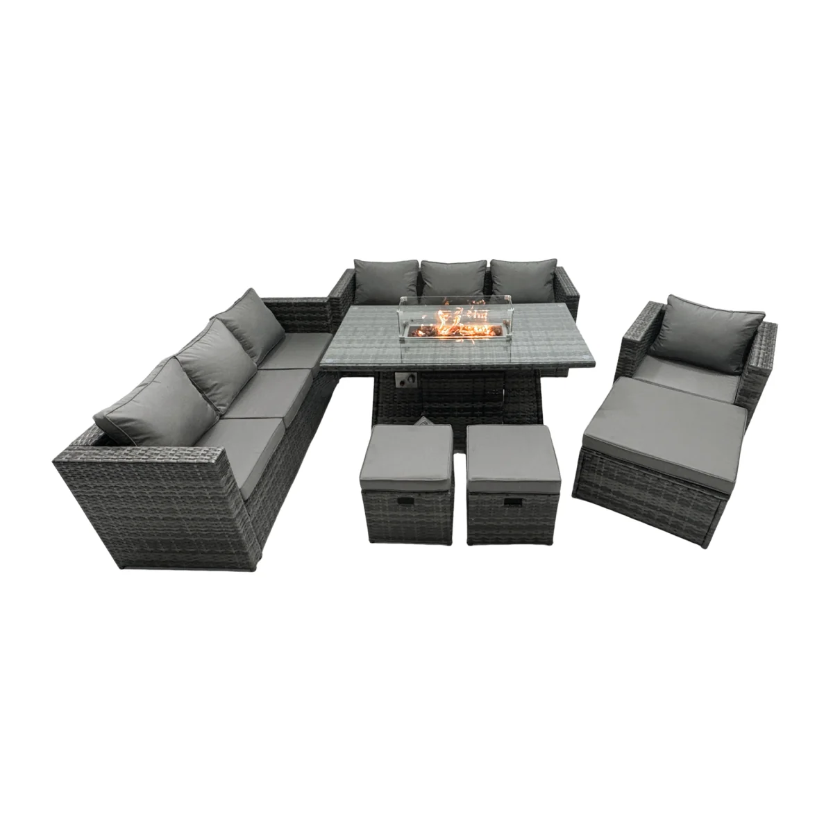 Fimous 10-Seater Rattan Firepit Dining Sofa Set Dark Grey - Dark grey mixed rattan with dark grey fabric – image 1
