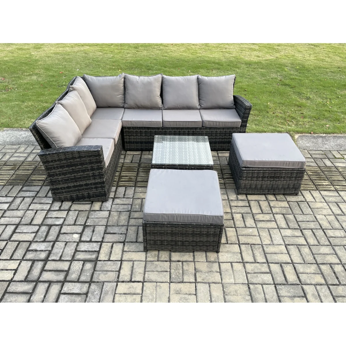 Fimous 8-Seater Rattan Garden Corner Sofa Set with Square Tempered Glass Table, Dark Grey Mixed - Dark Grey Mixed – image 5