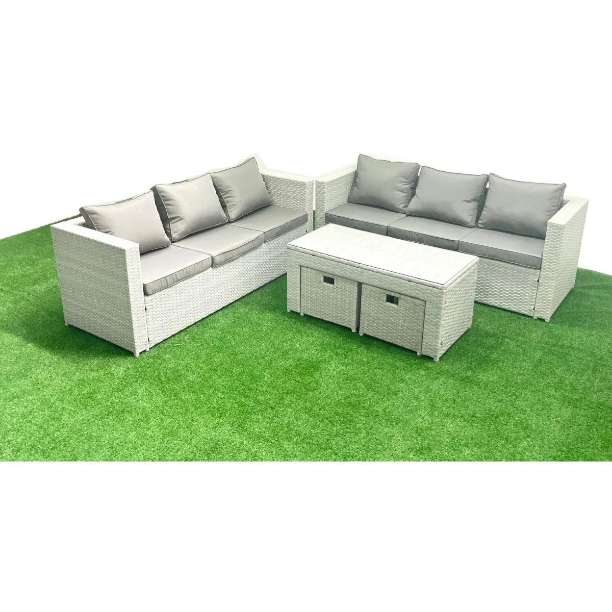 Fimous 8-Seater PE Rattan Outdoor Sofa Set with Glass Oblong Table & 2 Stools - Light Grey Mixed – image 5