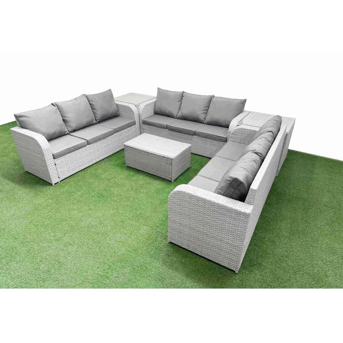 Fimous PE Rattan 9-Seater Outdoor Garden Sofa Set with Coffee Table and 2 Side Tables Light Grey - Light Grey – image 5