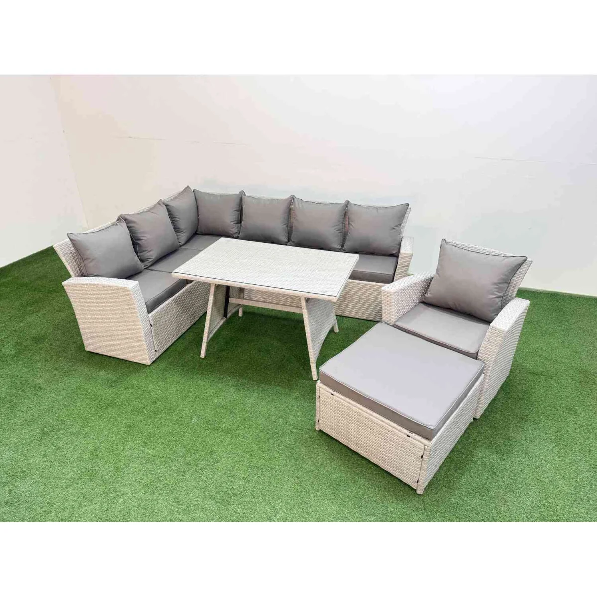 Fimous 8-Seater Outdoor Rattan Corner Sofa Set with Dining Table and Footstool Light Grey Mixed - Light Grey Mixed – image 4