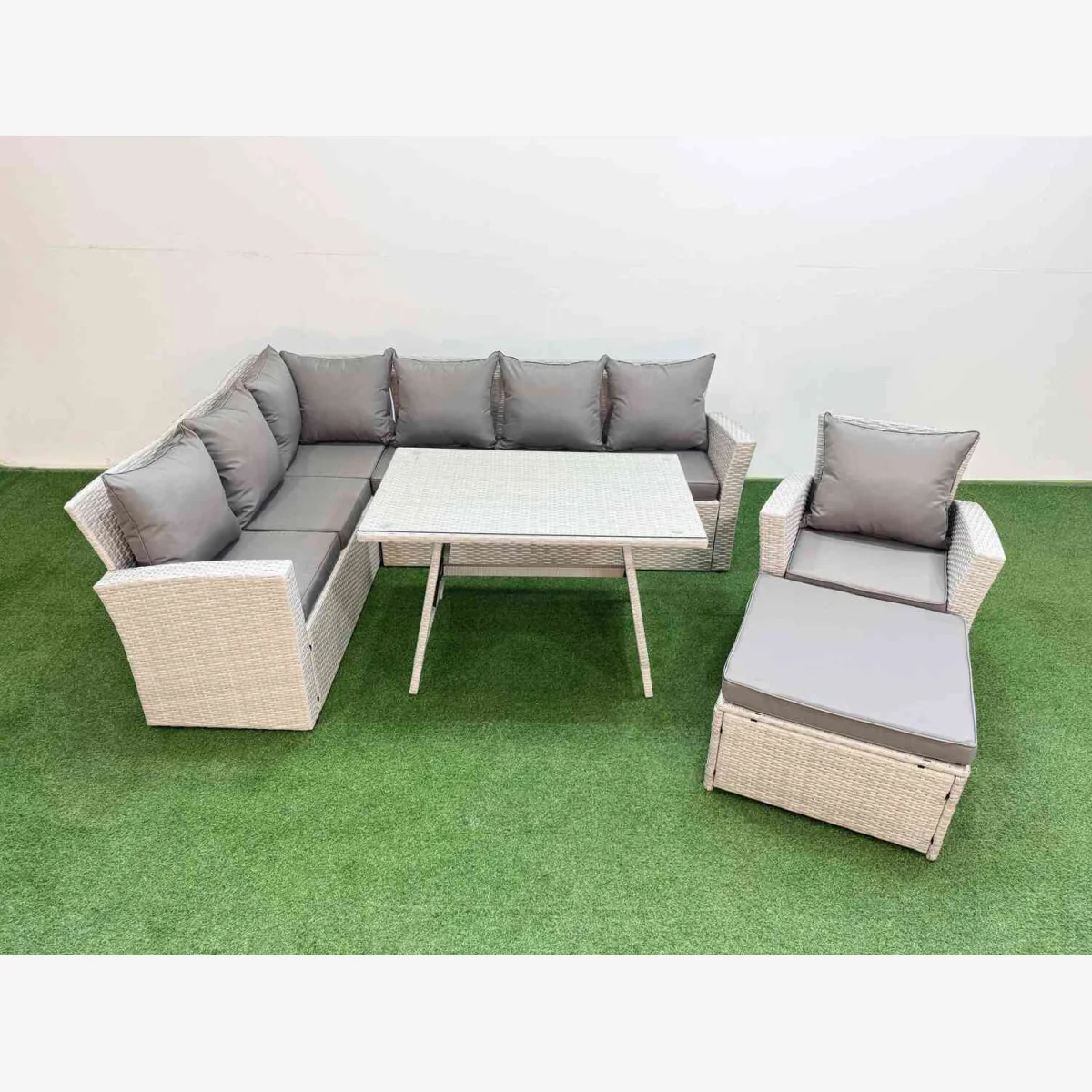 Fimous 8-Seater Outdoor Rattan Corner Sofa Set with Dining Table and Footstool Light Grey Mixed - Light Grey Mixed – image 1