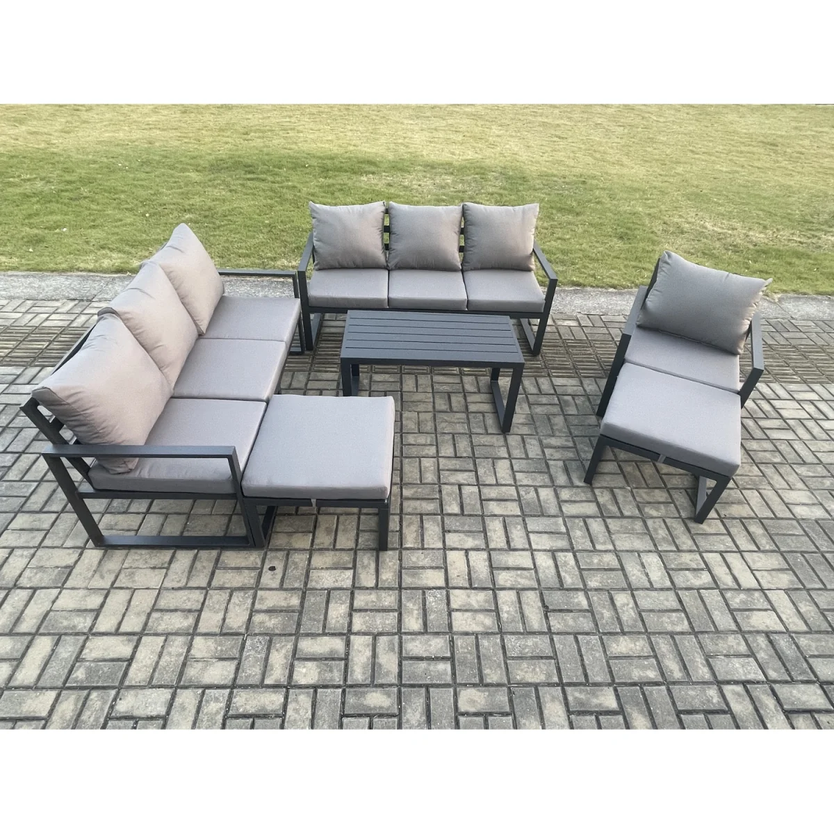 Fimous Aluminium 6-Piece 9-Seater Garden Sofa Set with Cushions and Armchair Dark Grey. - Dark grey powder coated with dark grey fabric – image 2