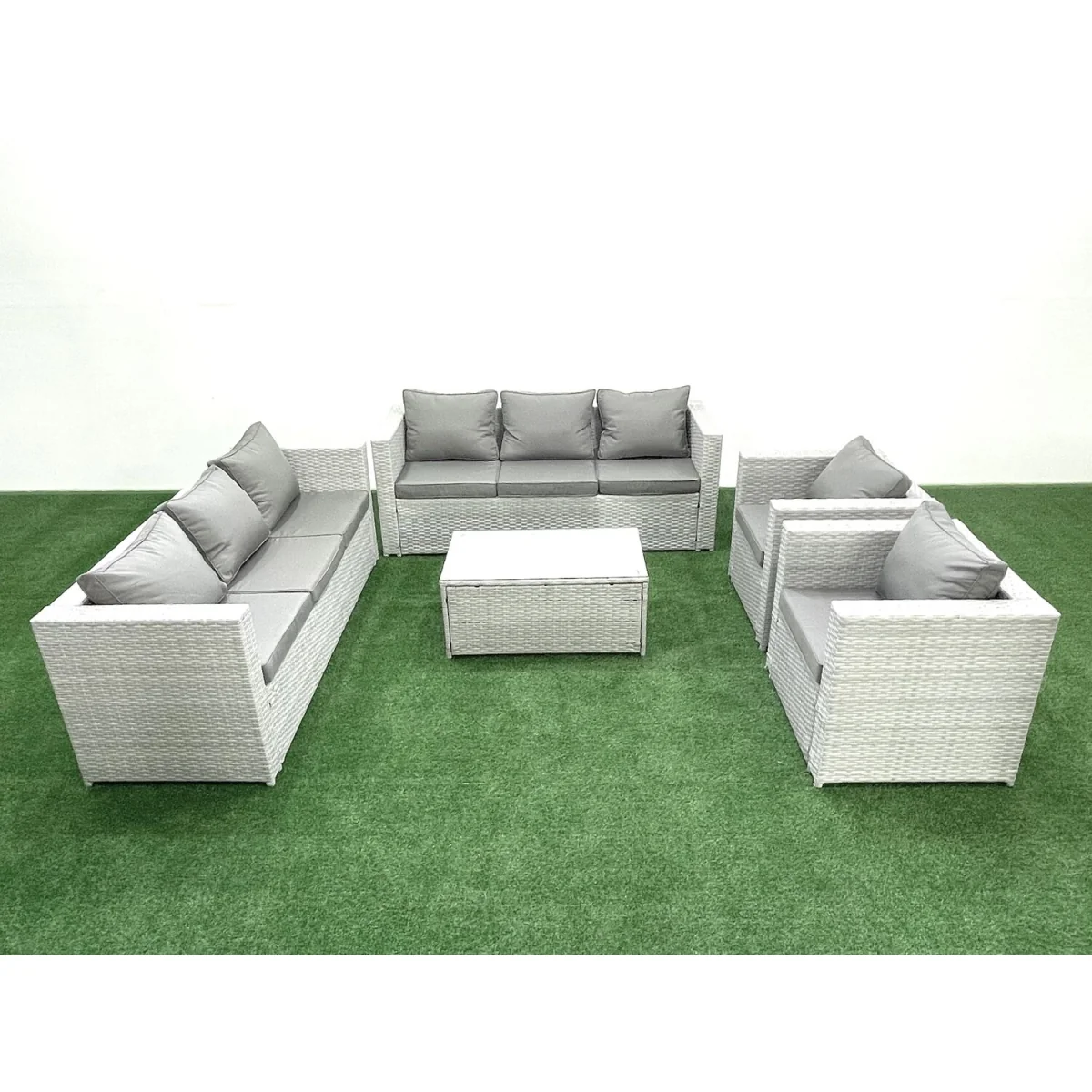 Fimous PE Rattan 8-Seater Garden Sofa Set with 2 Armchairs and Glass Table - Light Grey Mixed – image 5