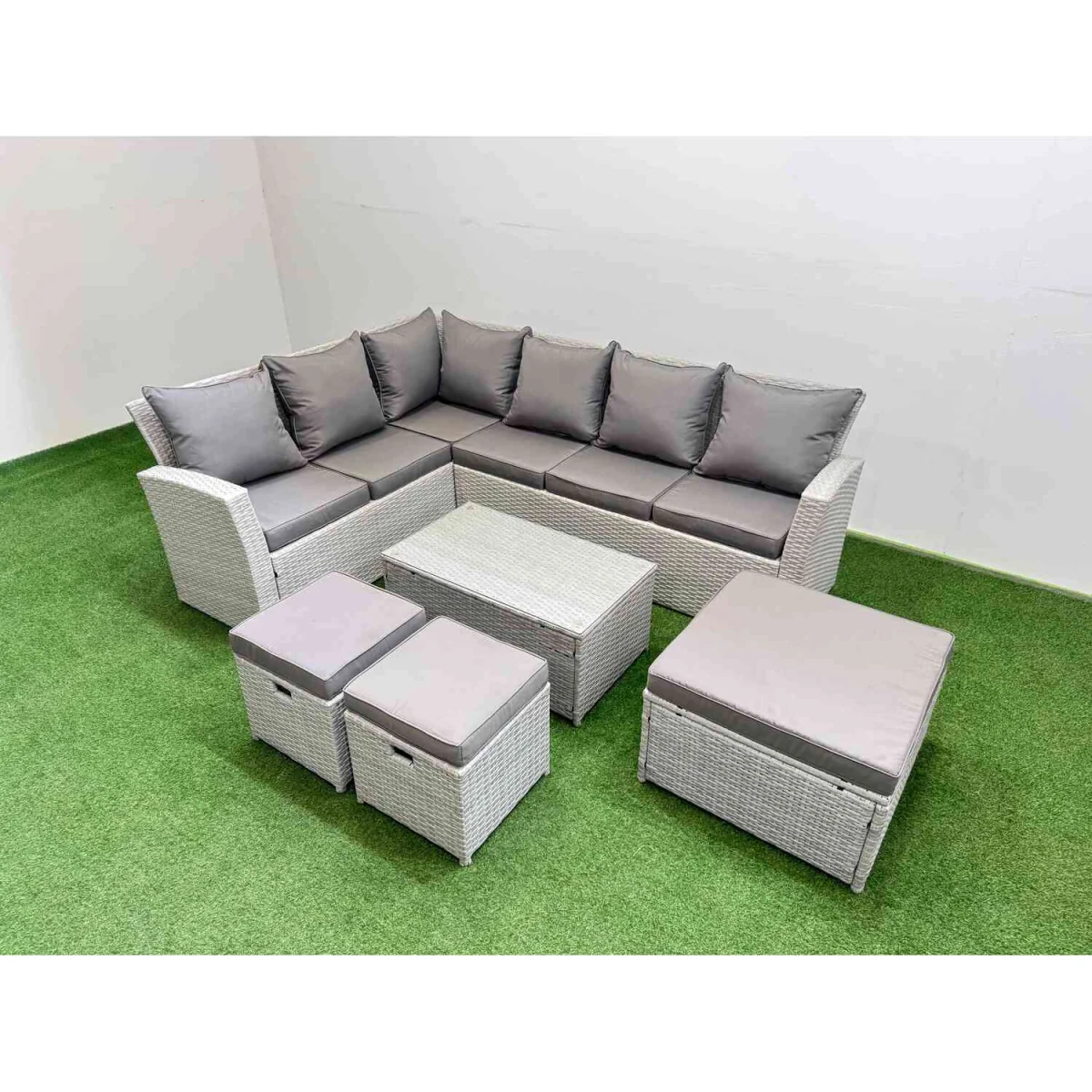 Fimous 9 Seater PE Rattan Garden Sofa Set with Oblong Glass Coffee Table, Light Grey Mixed. - Light Grey Mixed – image 5