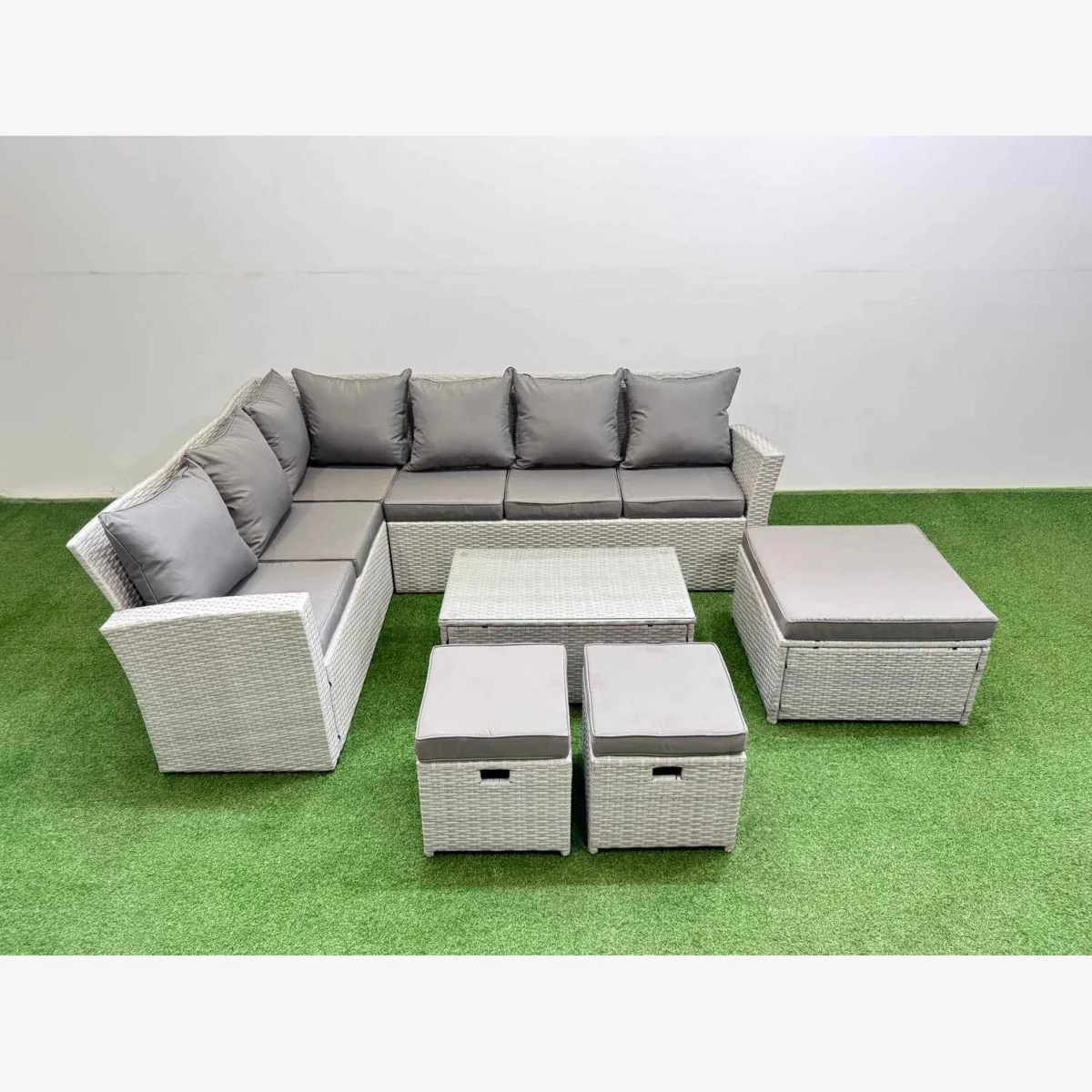 Fimous 9 Seater PE Rattan Garden Sofa Set with Oblong Glass Coffee Table, Light Grey Mixed. - Light Grey Mixed – image 1