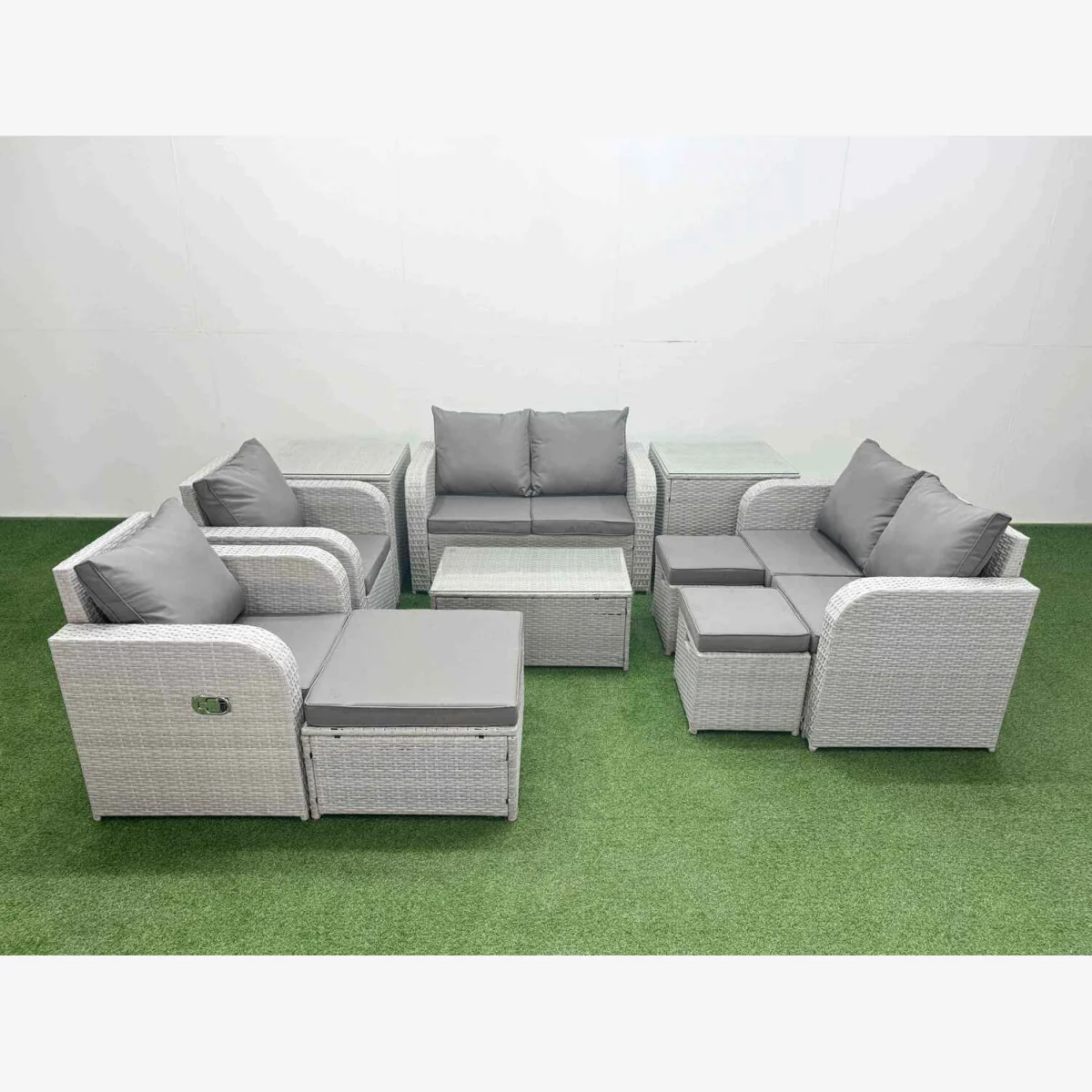 Fimous 9-Seater Outdoor PE Rattan Reclining Sofa Set, Light Grey. - Light Grey – image 1