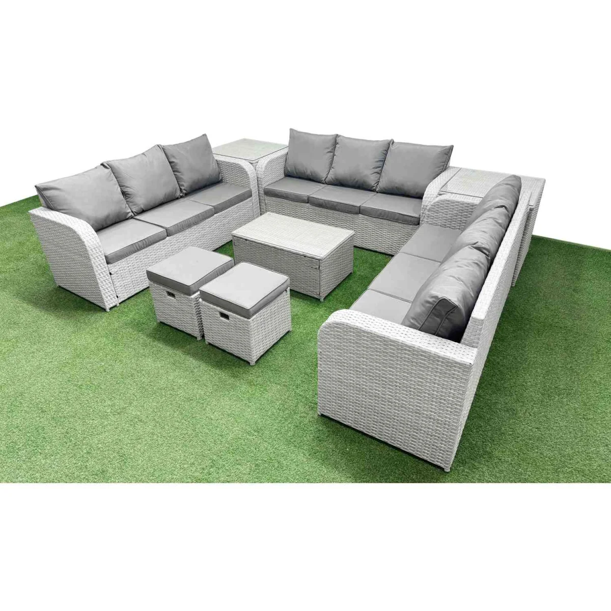 Fimous 11-Seater PE Rattan Garden Sofa Set with Glass Coffee Table, Light Grey - Light Grey – image 2