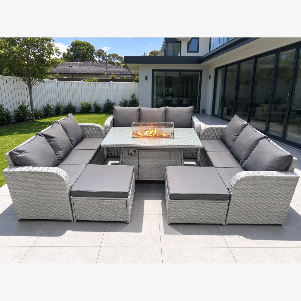 PE Rattan 11-Seater Outdoor Lounge Set with Firepit Dining Table Light Grey – image 1