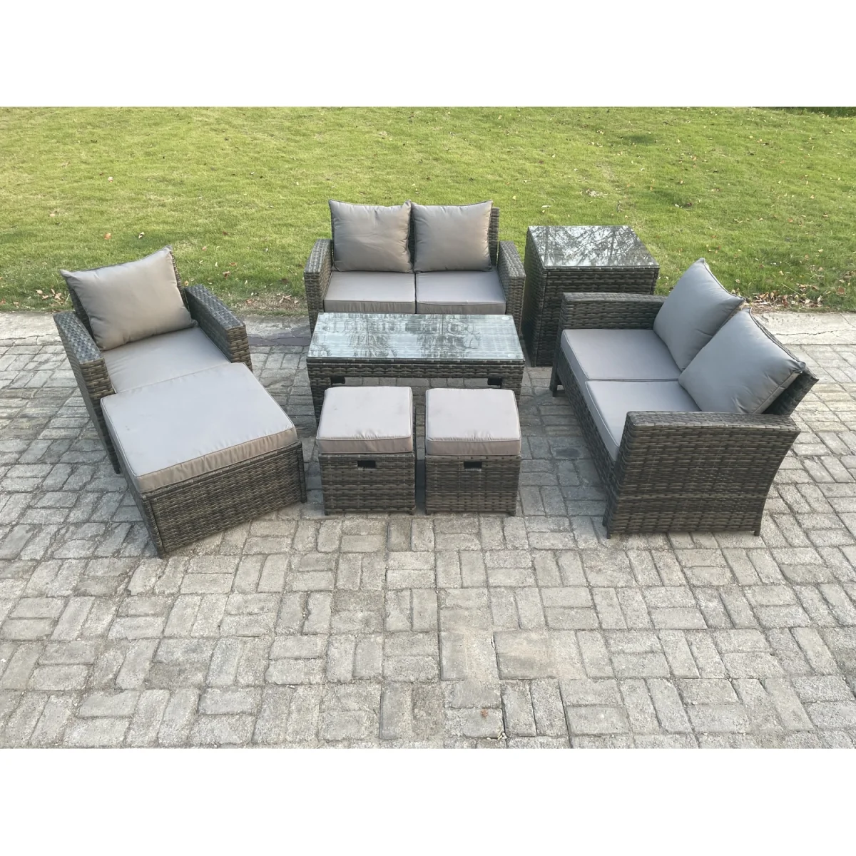 Fimous 8-Seater Outdoor Rattan Patio Lounge Set with Tempered Glass Tables, Dark Grey. - Dark grey mixed rattan with dark grey fabric – image 2