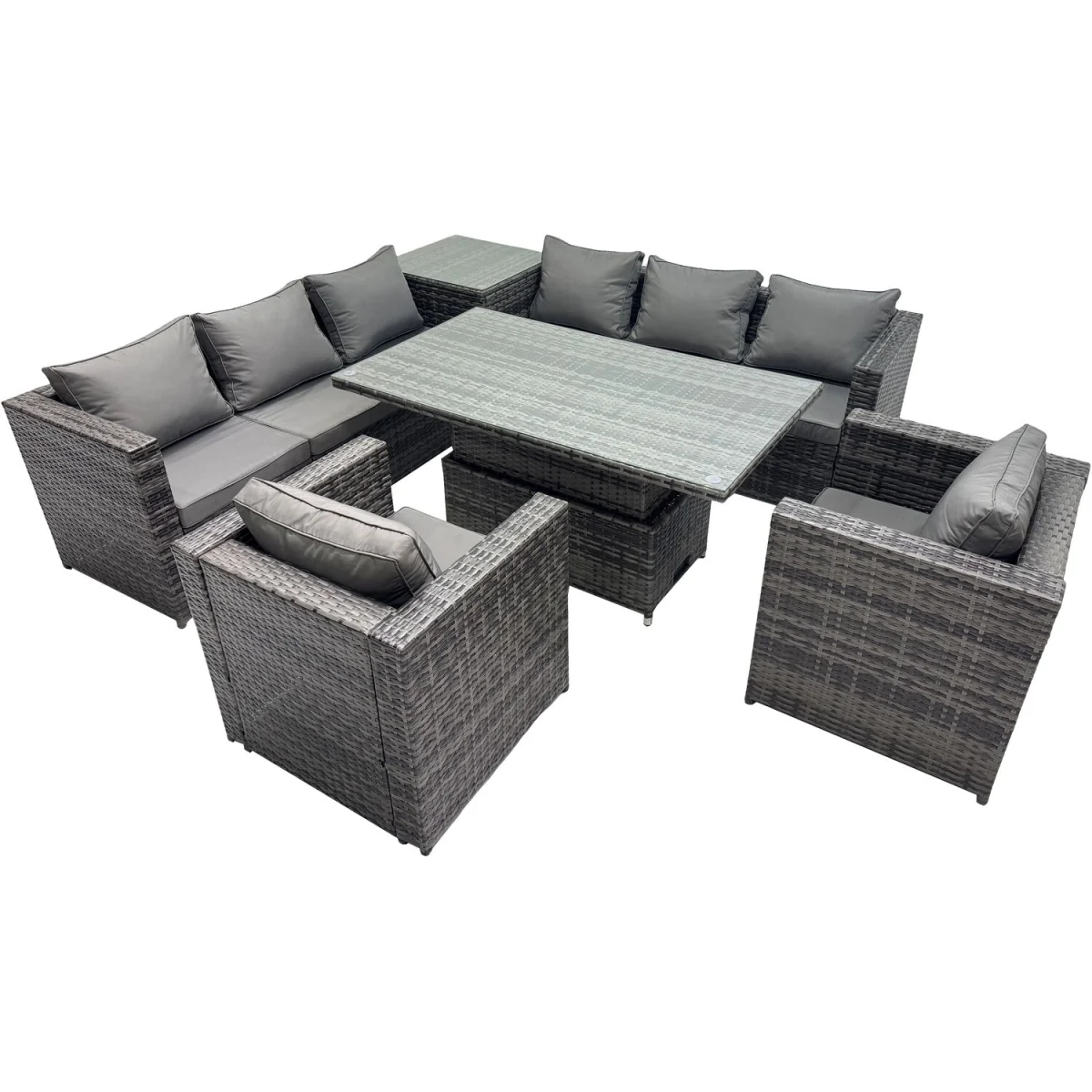 Fimous 8-Seater Outdoor Rattan Corner Sofa Set with Height-Adjustable Rising Table, Dark Grey. - Dark grey mixed rattan with dark grey fabric – image 5