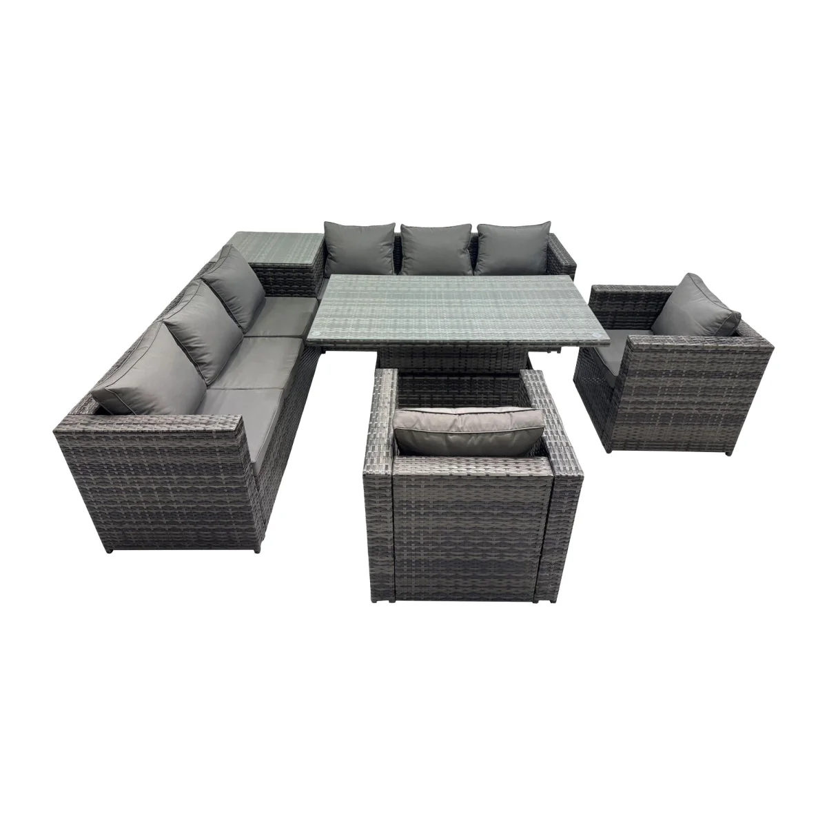 Fimous 8-Seater Outdoor Rattan Corner Sofa Set with Height-Adjustable Rising Table, Dark Grey. - Dark grey mixed rattan with dark grey fabric – image 1
