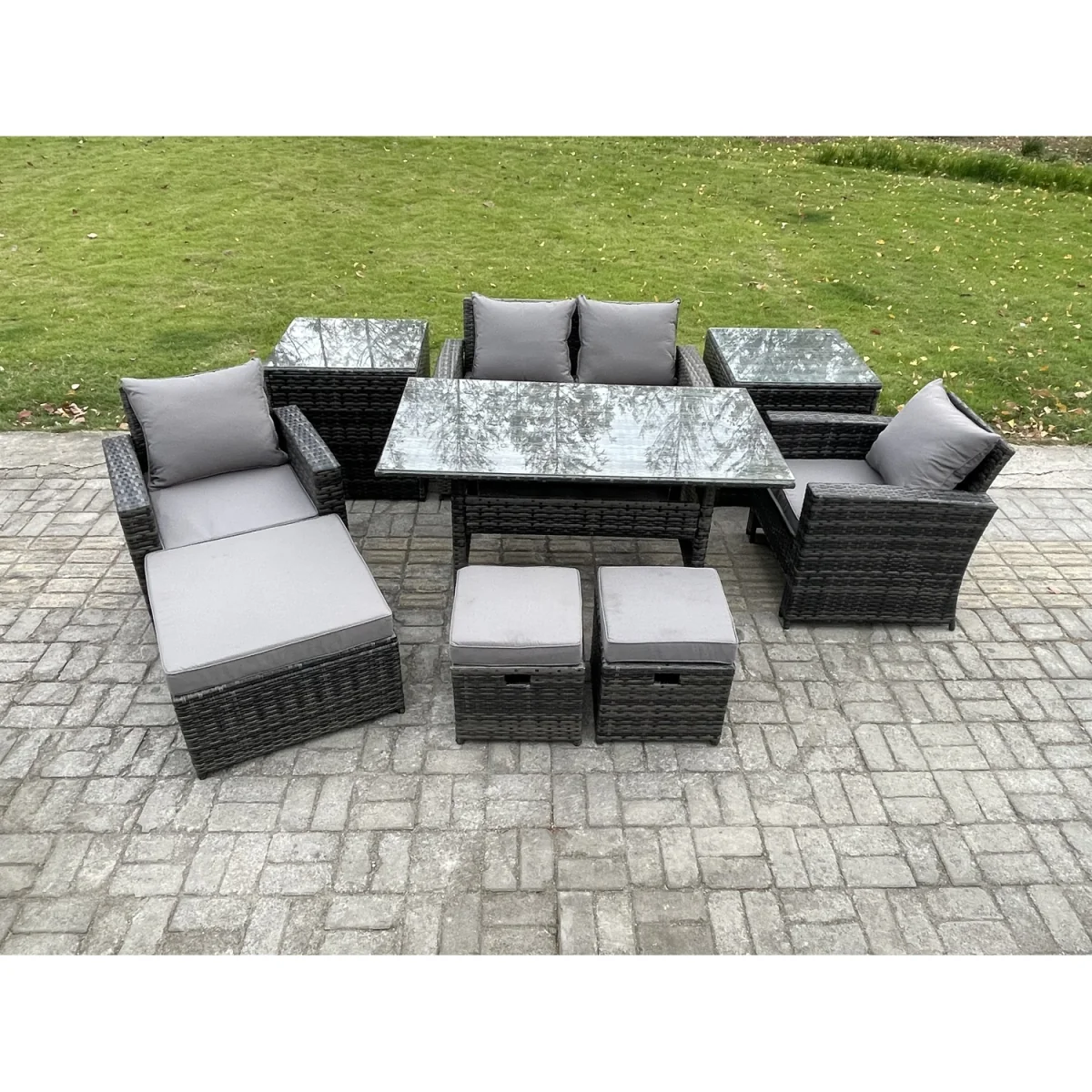 Fimous 7-Seater PE Rattan Outdoor Dining and Lounge Set - Dark grey mixed rattan with dark grey fabric – image 5