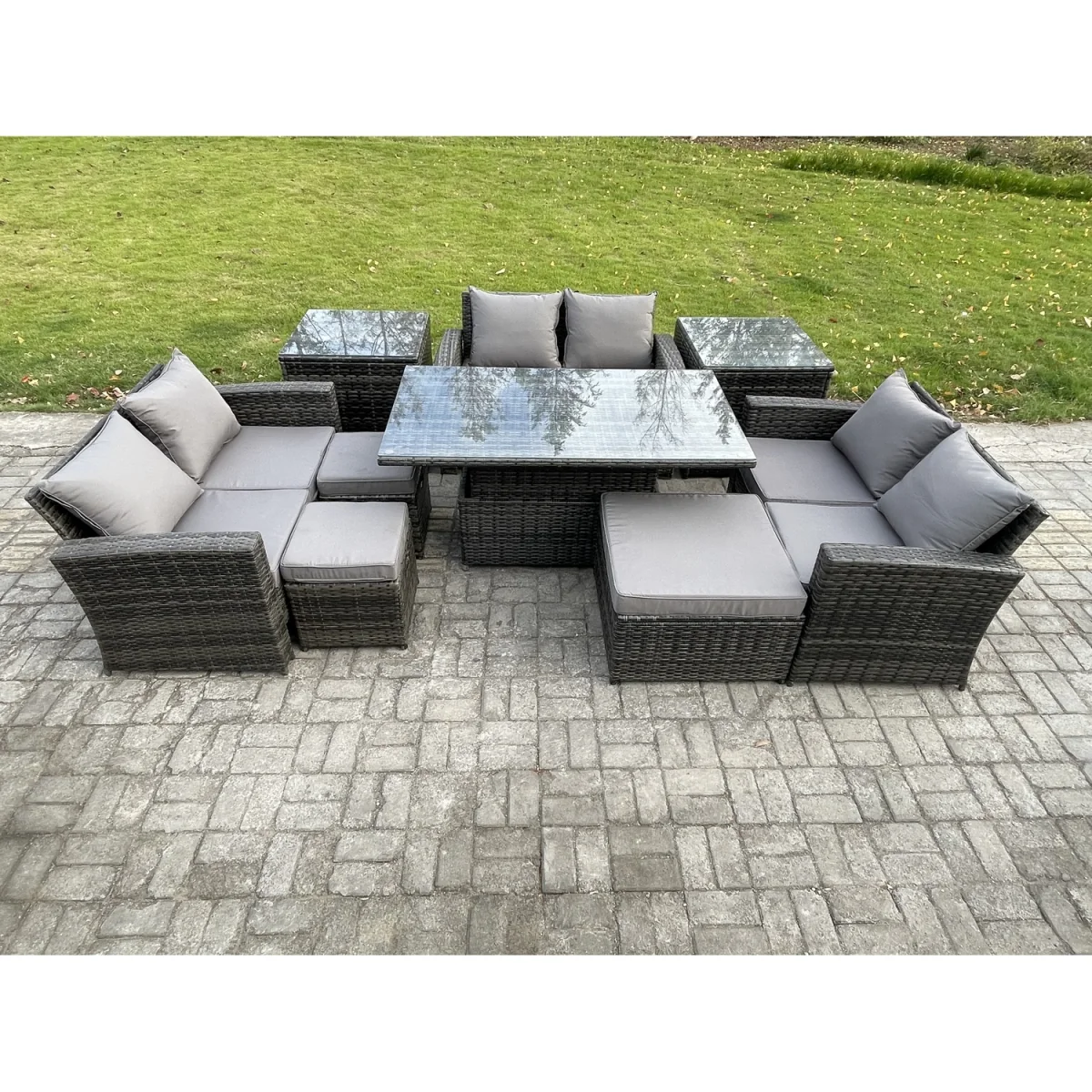 Fimous 9-seat Rattan Garden Sofa Set with Adjustable Table, Dark Grey - Dark grey mixed rattan with dark grey fabric – image 4