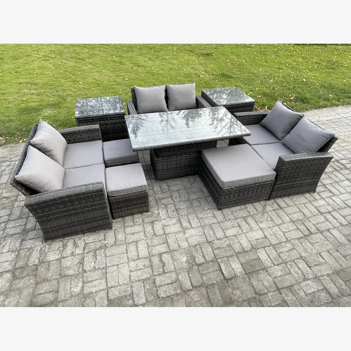 Fimous 9-seat Rattan Garden Sofa Set with Adjustable Table, Dark Grey - Dark grey mixed rattan with dark grey fabric – image 1