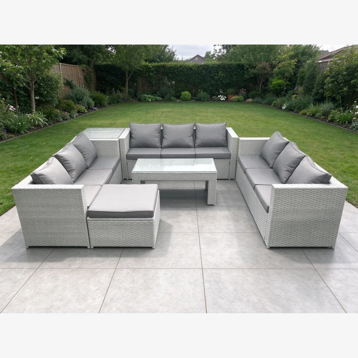 Rattan 10-Seater Outdoor Garden Sofa Set with Tempered Glass Oblong Coffee Table Side Table Large Footstool