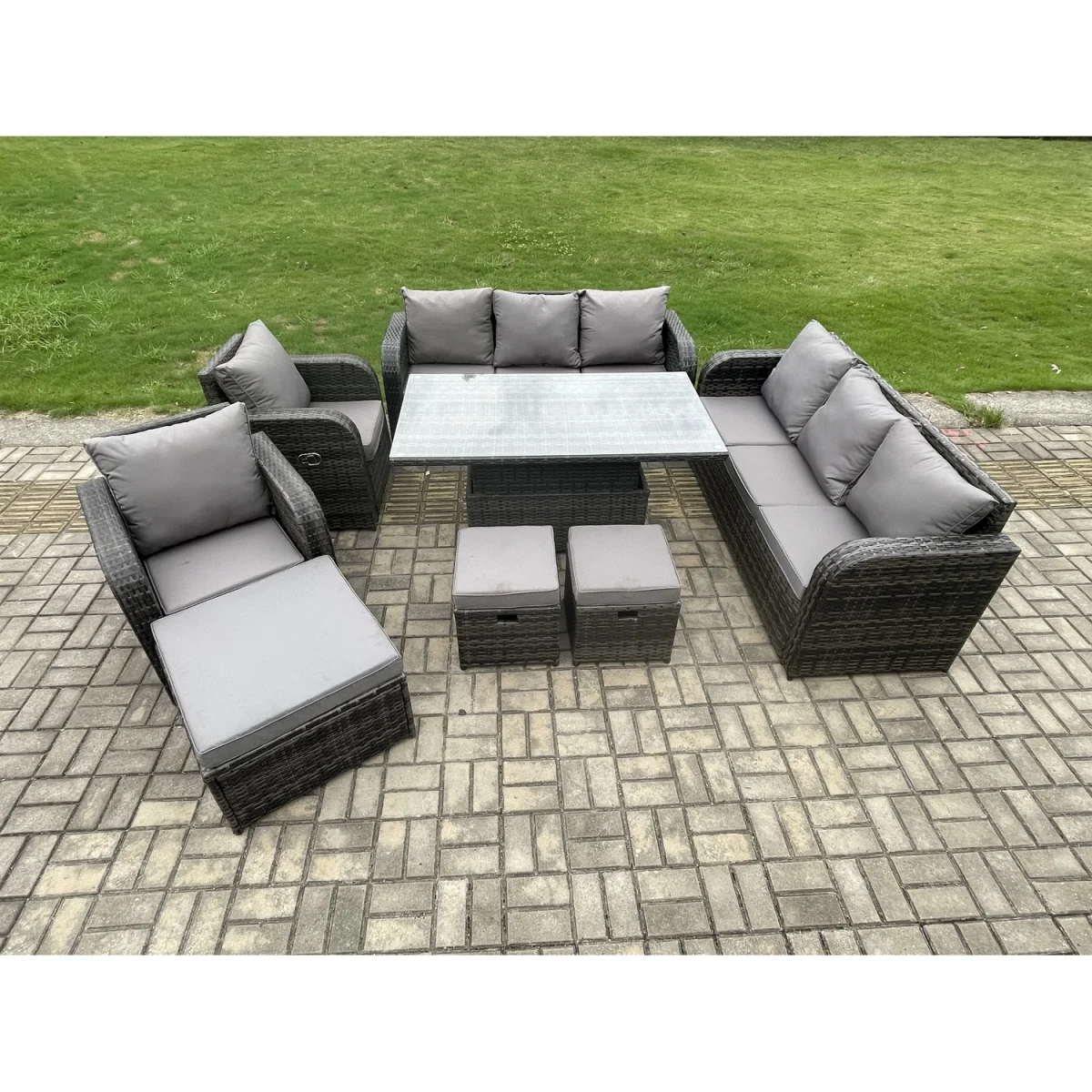 Fimous PE Rattan Outdoor Sofa Set with Reclining Chairs & 3 Footstools, Dark Grey - Dark Grey – image 3