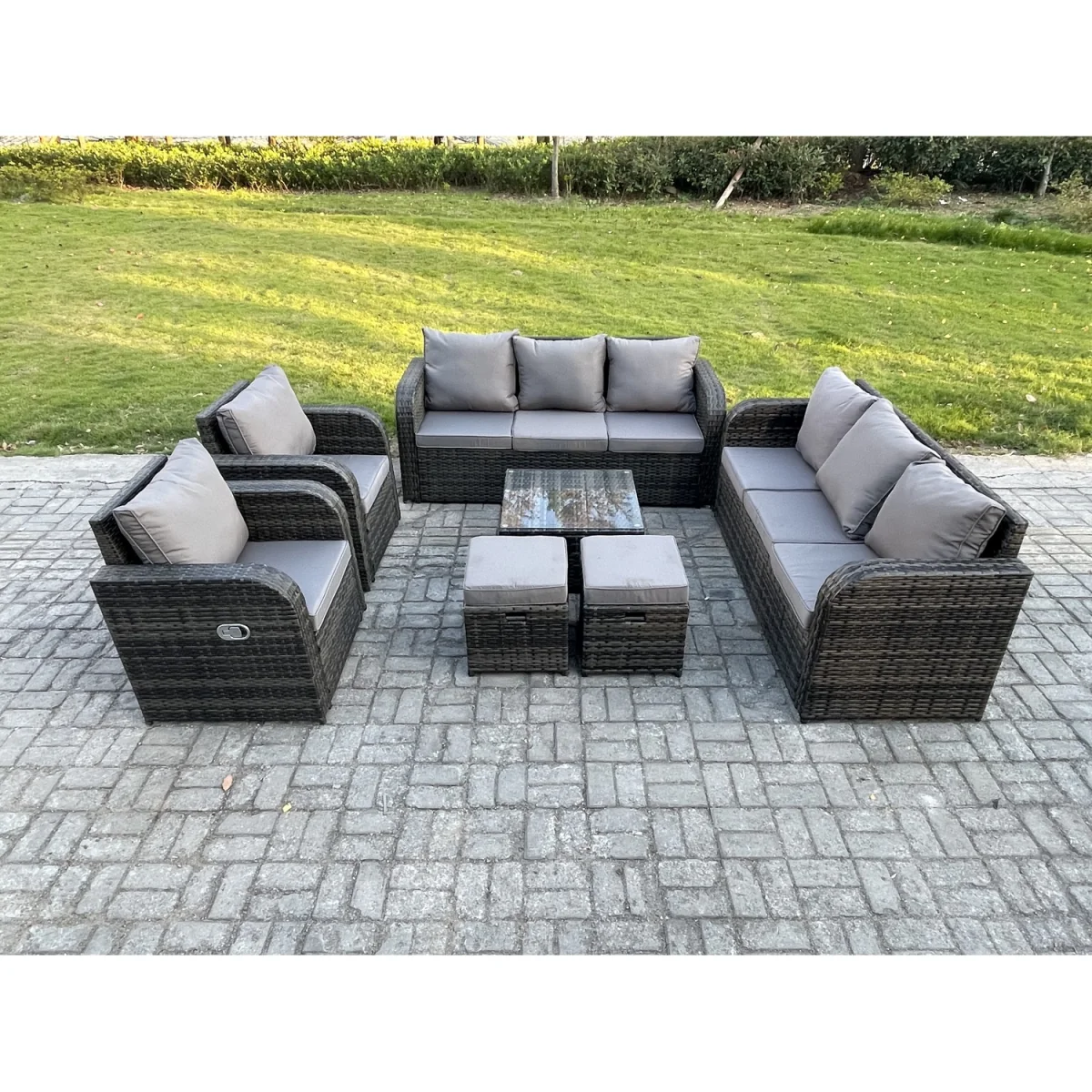 Fimous 10-Seater High Back Rattan Garden Sofa Set with Tempered Glass Table. - Dark grey mixed rattan with dark grey fabric – image 5