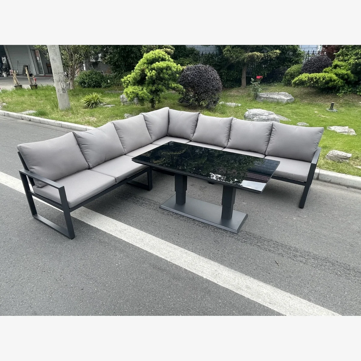 Fimous 7-Seater Aluminum Outdoor Corner Sofa Set with Adjustable Lifting Table. - Dark Grey – image 1