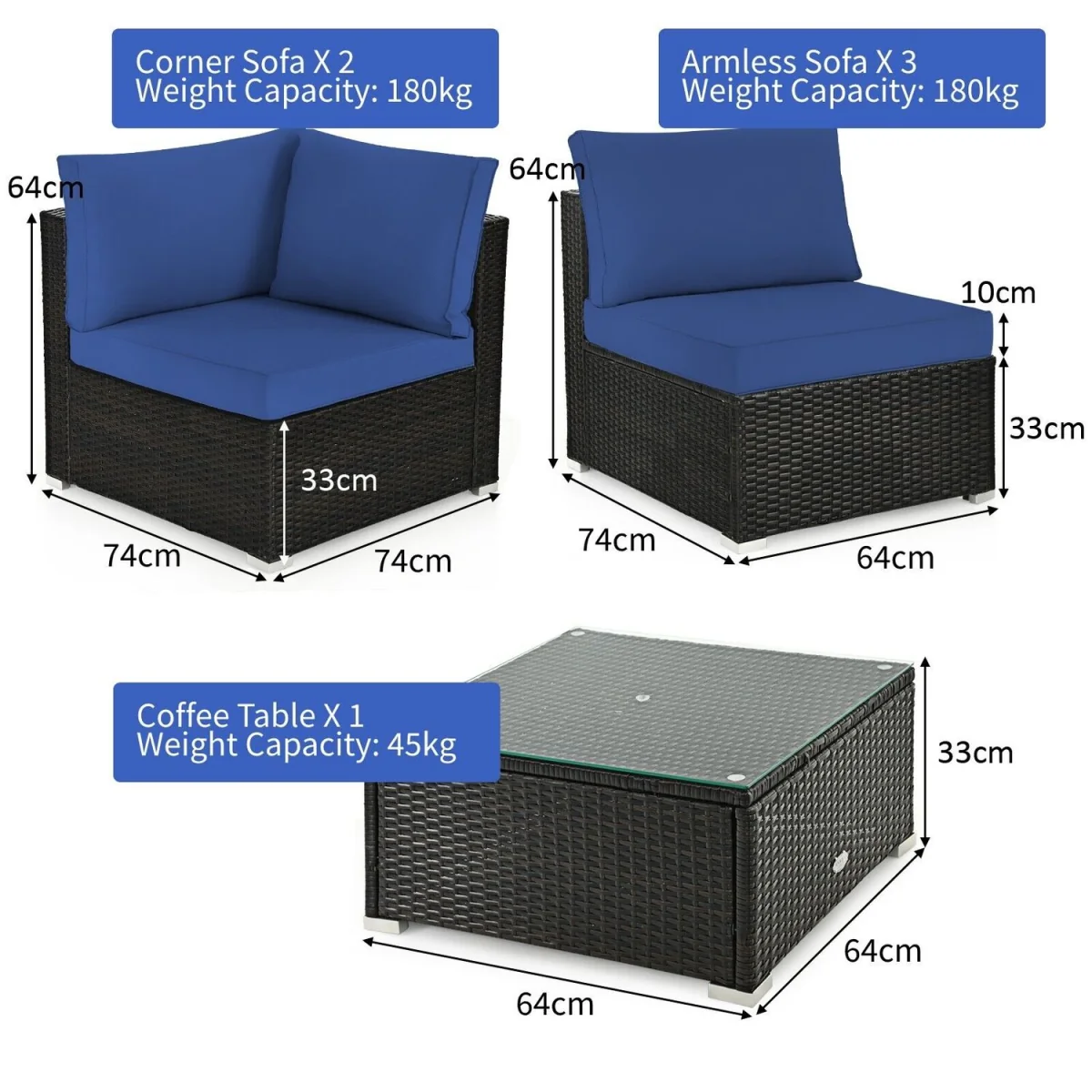 6 Piece Outdoor PE Rattan Sofa Set - Blue – image 3