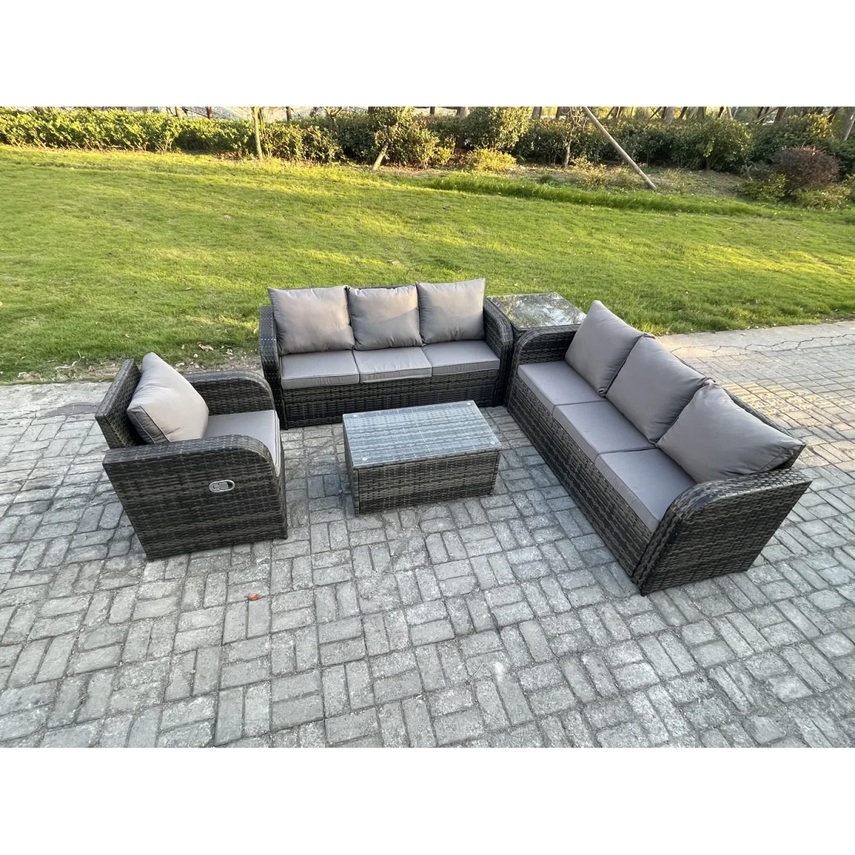 Fimous 7-Seater Dark Grey Rattan Garden Sofa Set with Tempered Glass Tables and Reclining Chair - Dark grey mixed rattan with dark grey fabric – image 4