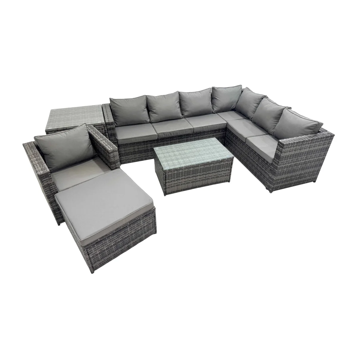 Fimous 8-Seater L-Shaped Rattan Garden Sofa Set with Tempered Glass Coffee Table Dark Grey Mixed - Dark grey mixed PE Rattan – image 1