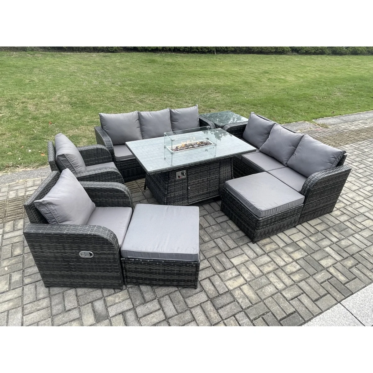 Fimous 10-Seater Dark Grey Rattan Outdoor Sofa Set with Gas Fire Pit Table. - Dark Grey – image 2