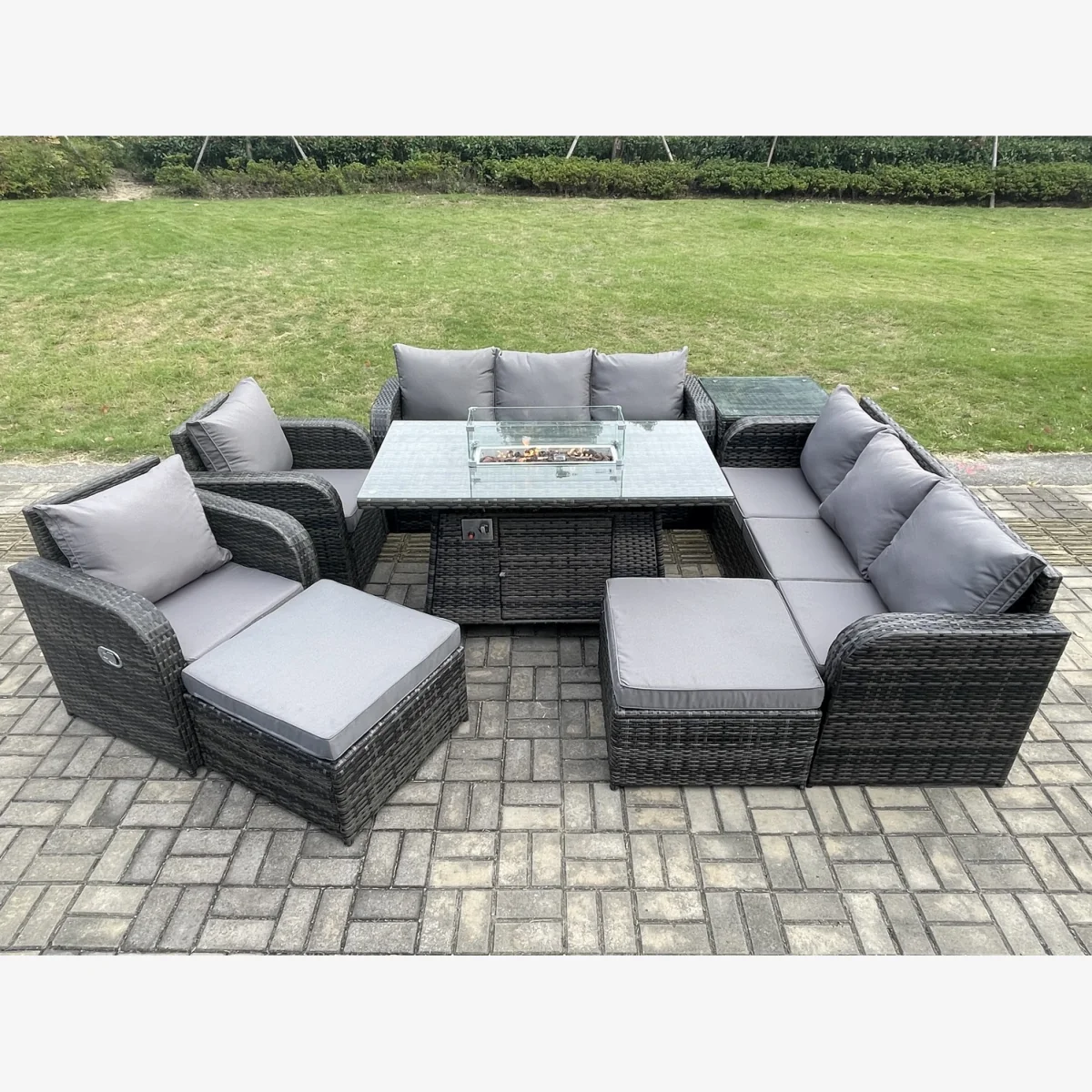 Fimous 10-Seater Dark Grey Rattan Outdoor Sofa Set with Gas Fire Pit Table. - Dark Grey – image 1